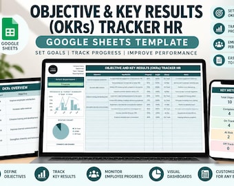 May include: A digital OKR tracker template for Google Sheets displayed on a laptop, tablet, and smartphone. The screen shows tables for objectives, key results, progress, and status counts with charts. Text includes Objective & Key Results Tracker HR.