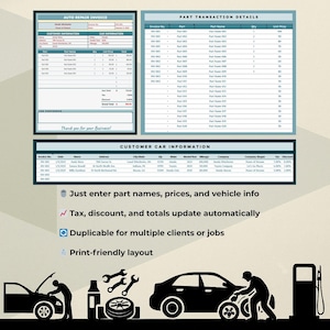 May include: A printable auto repair invoice template with sections for customer information, car information, part transaction details, and customer car information. The template includes a section for entering part names, prices, and vehicle info. The template also includes a section for calculating tax, discount, and totals automatically. The template is duplicable for multiple clients or jobs and has a print-friendly layout.