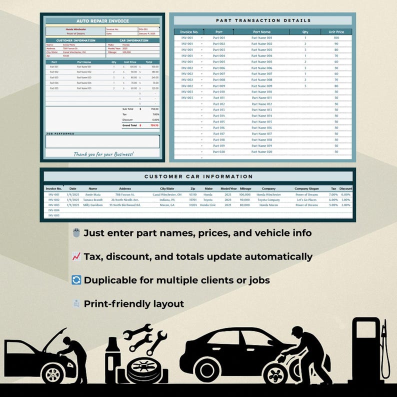 May include: A printable auto repair invoice template with sections for customer information, car information, part transaction details, and customer car information. The template includes a section for entering part names, prices, and vehicle info. The template also includes a section for calculating tax, discount, and totals automatically. The template is duplicable for multiple clients or jobs and has a print-friendly layout.