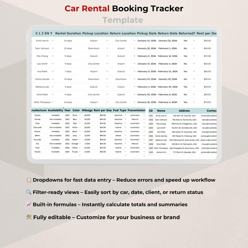 Car Rental Booking Dashboard for Google Sheets — Vehicle Scheduler ...