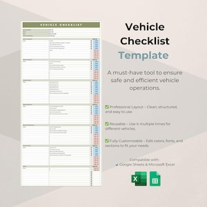 May include: A printable vehicle checklist template in a light grey and green colour scheme. The template is designed to be used for ensuring safe and efficient vehicle operations. The checklist includes sections for exterior inspection, interior inspection, under the hood, safety equipment, and other vehicle details. The template is compatible with Google Sheets and Microsoft Excel.