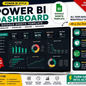 Könnte beinhalten: Ein Laptop-Bildschirm zeigt eine Power BI Dashboard-Vorlage für Google Sheets. Das Design umfasst Diagramme und Datenvisualisierungen. Der Text enthält "Analysieren, Visualisieren, Entscheiden, Erfolgreich sein" und "Sofortiger Download."