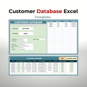 Peut inclure: Modèle numérique de base de données clients dans Excel. Le design présente une palette de couleurs vert clair et blanc avec le titre "Customer Database Excel Template" en haut. Le modèle comprend des champs pour les informations client.