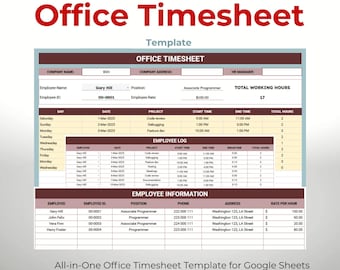 May include: An office timesheet template with the title "Office Timesheet" in red. The template includes sections for company information, employee details, and a detailed employee log. The bottom of the template reads "All-in-One Office Timesheet Template for Google Sheets."