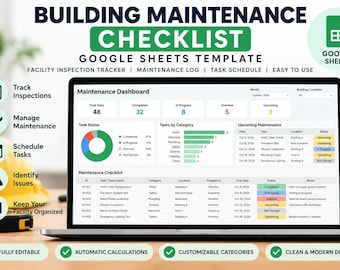 Puede incluir: Una plantilla digital de lista de control de mantenimiento de edificios en Google Sheets mostrada en una pantalla de portátil. El panel incluye un registro de mantenimiento, programación de tareas y seguimiento de inspecciones.