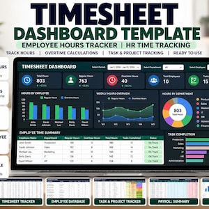 May include: A digital timesheet dashboard template for Google Sheets displayed on a laptop screen. The interface features data visualizations including bar charts, line graphs, and a pie chart, alongside an employee time summary table.