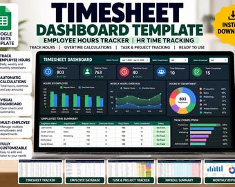 Puede incluir: Una plantilla de panel de control de hojas de tiempo para Google Sheets mostrada en una pantalla de portátil. La interfaz presenta visualizaciones de datos que incluyen gráficos de barras, líneas y circulares, junto a una tabla.