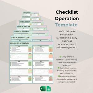 以下が含まれることがあります： 日常業務の効率化とタスク管理のためのチェックリストテンプレート。テンプレートは、スプレッドシート形式で、色分けされた進捗状況追跡機能を備えています。テンプレートには、タスク、ステータス、カテゴリのセクションが含まれています。