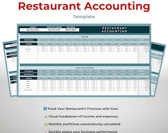 Restaurant Accounting Template, Google Sheets, Dashboard, Expense Management, Financial Tracking, Restaurant Budgeting, Small Business