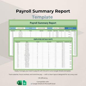 May include: A green and white payroll summary report template. The report includes employee details, regular pay, overtime pay, and total earnings. The template is designed for Google Sheets and Microsoft Excel.