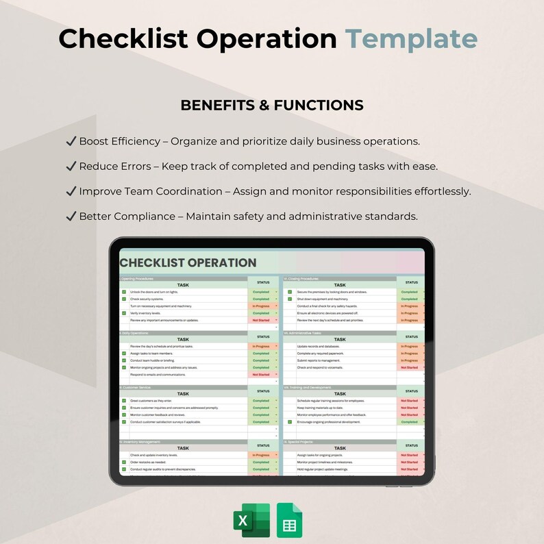 Operations Checklsit Operation Checklist Template | Google Sheets Workflow Manager - Etsy