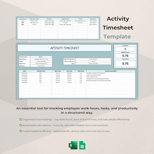 May include: A blue and white activity timesheet template with the title "Activity Timesheet Template". The template includes sections for employee name, position, department, email, supervisor, date, activity code, start time, end time, total hours, and activity description. The template also includes a section for overtime, billable hours, and total hours.