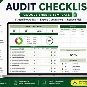 May include: A laptop screen shows an audit checklist template, labelled "AUDIT CHECKLIST" and "GOOGLE SHEETS TEMPLATE". The template is designed to streamline audits, ensure compliance, and reduce risk. The overall compliance rate is 61%.