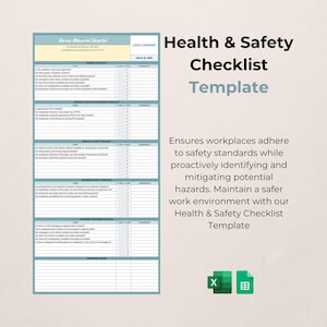 May include: A blue and white printable health and safety checklist template. The checklist includes sections for general, personal protective equipment, chemical safety, equipment safety, emergency response, and additional notes. The text "Health & Safety Checklist Template" is at the top of the page. The text "Ensures workplaces adhere to safety standards while proactively identifying and mitigating potential hazards. Maintain a safer work environment with our Health & Safety Checklist Template" is on the right side of the page.