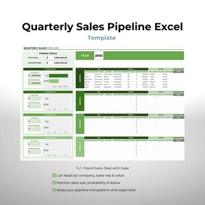 May include: A spreadsheet template titled "Quarterly Sales Pipeline Excel" with a green and white color scheme. The template includes sections for finance totals, deal size, and lead tracking. Text includes "Track Every Deal with Ease."
