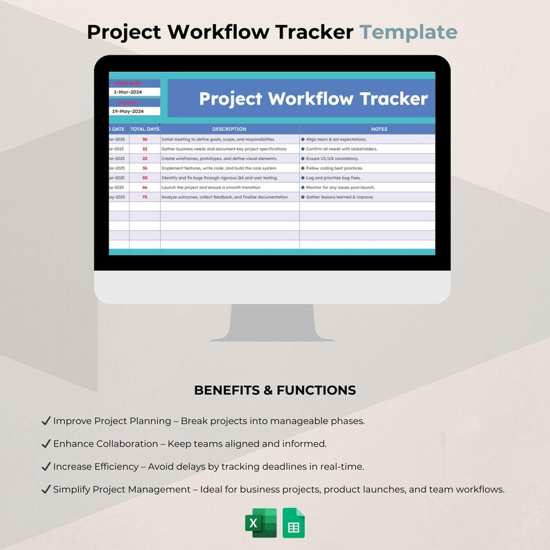 May include: A computer monitor shows a "Project Workflow Tracker Template." The screen displays a blue and white spreadsheet with columns for date, description, and notes. Below, the text "Benefits & Functions" is followed by bullet points outlining project planning, collaboration, and efficiency.