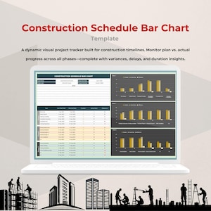 Puede incluir: Una pantalla de computadora portátil que muestra una plantilla de gráfico de barras de programación de construcción. El gráfico muestra una tabla con columnas para la tarea, la fecha de inicio planificada, la fecha de finalización planificada, la fecha de inicio real, la fecha de finalización real, la duración y la diferencia. El gráfico también incluye un gráfico de barras que muestra el progreso de cada tarea. La computadora portátil está en un escritorio con un fondo de trabajadores de la construcción y edificios.