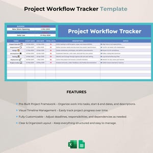 May include: A project workflow tracker template in blue and teal. The template includes sections for tasks, start and end dates, descriptions, and notes. Features include a pre-built project framework and visual timeline management.