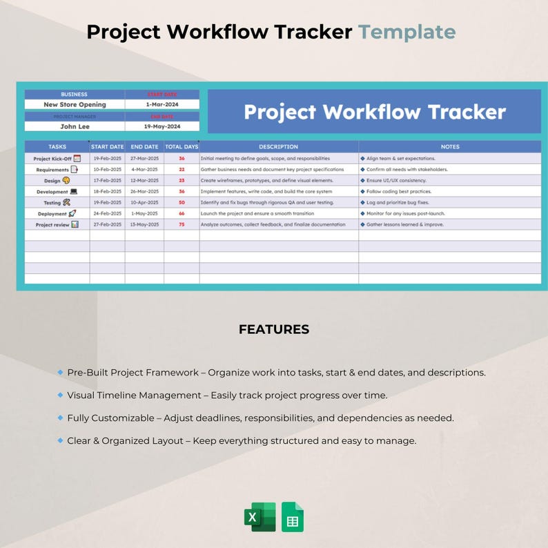 May include: A project workflow tracker template in blue and teal. The template includes sections for tasks, start and end dates, descriptions, and notes. Features include a pre-built project framework and visual timeline management.