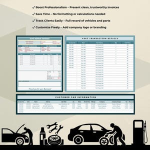 May include: A printable auto repair invoice template with sections for customer information, car information, part transaction details, and customer car information. The template includes a checklist of benefits, such as boosting professionalism, saving time, tracking clients easily, and customizing freely. The template also includes a cartoon illustration of a car mechanic working on a car.