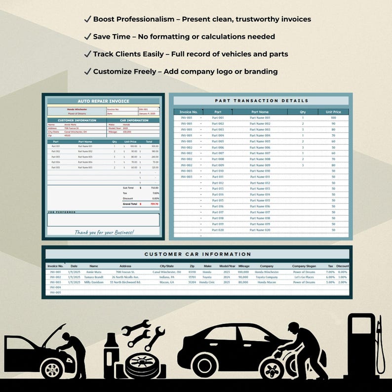 May include: A printable auto repair invoice template with sections for customer information, car information, part transaction details, and customer car information. The template includes a checklist of benefits, such as boosting professionalism, saving time, tracking clients easily, and customizing freely. The template also includes a cartoon illustration of a car mechanic working on a car.