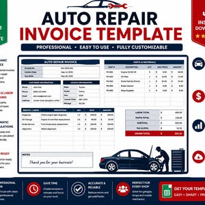May include: An auto repair invoice template with the title "Auto Repair Invoice Template" in large, bold text. The template includes sections for customer and vehicle information, service/labor details, and parts and materials. The design is professional and easy to use.