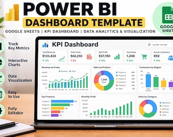 May include: A digital Power BI dashboard template for Google Sheets displayed on a laptop screen. The interface features various data visualization elements including line graphs, pie charts, and bar charts tracking metrics like revenue, costs, and profit.