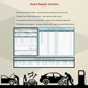 May include: A template for an auto repair invoice with a checklist of features. The template includes sections for customer information, car information, parts transaction details, and a total calculation. The invoice is designed to be professional and easy to use.