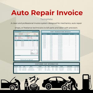 Rechnungsvorlage für Autoreparaturen, Google Sheets Mechaniker-Rechnung, bearbeitbare Quittung für den Autoservice, Vorlage für Fahrzeugarbeitsaufträge, Rechnungsblatt für die Werkstatt