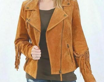 Chaqueta de ante estilo western americano Brando para mujer con flecos
