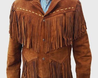 Men Native American Western Style Cowboy Suede Leather Jacket - Brown Color