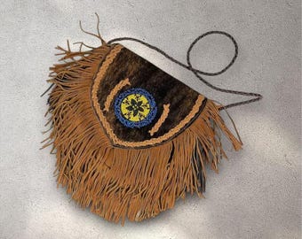 Women Suede Leather Crossbody Bag - Western Fringe Purse - Handmade Beaded Design