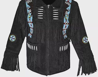 Chaqueta de ante estilo nativo occidental para hombre con flecos y cuentas - Color negro