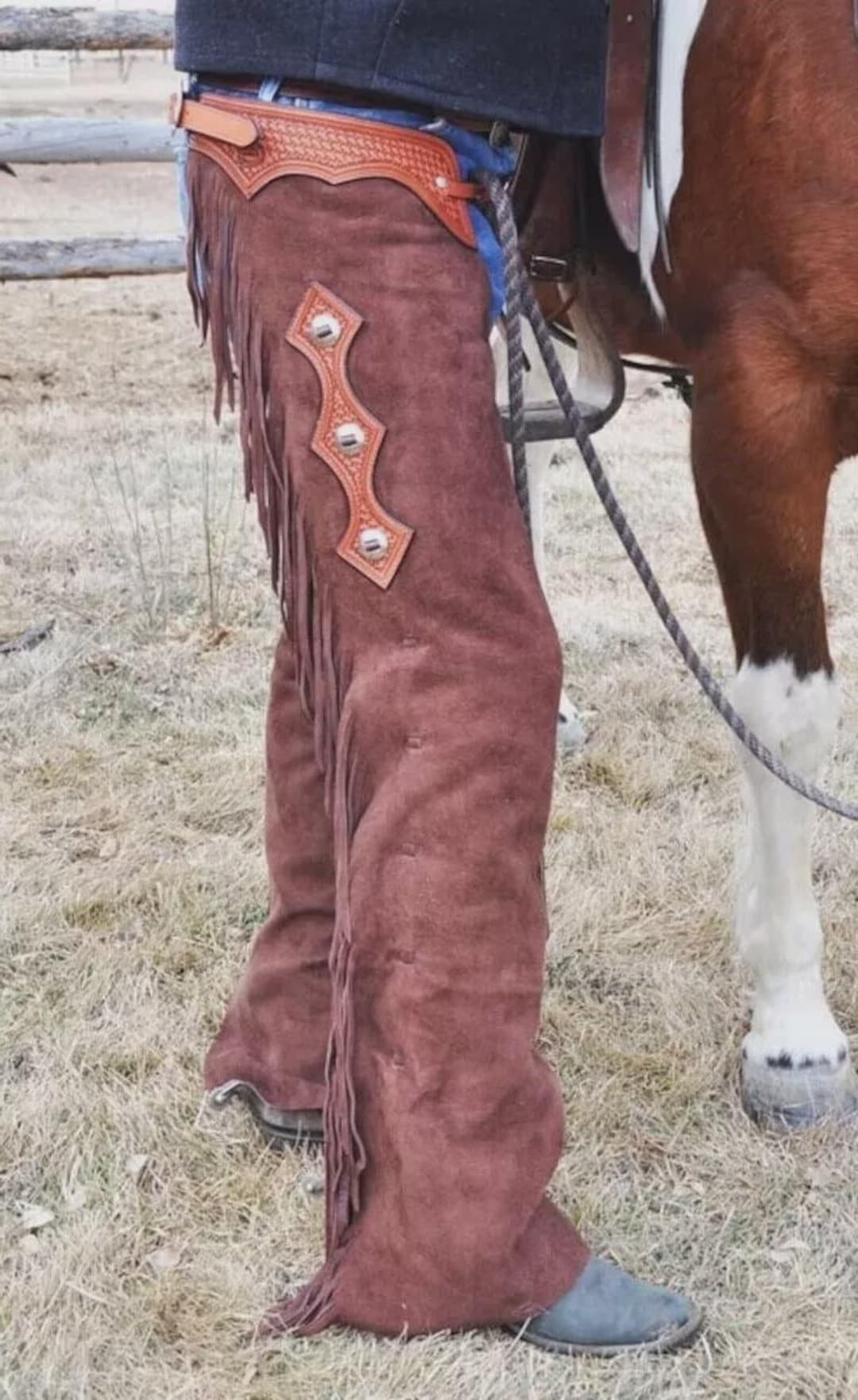 Men Western Cowboy Suede Leather Rodeo Style Fringes Pant - Reddish ...