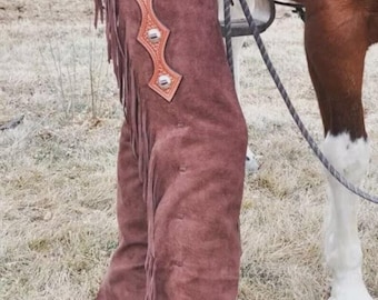 Pantalón de hombre estilo vaquero occidental de ante con flecos - Marrón rojizo