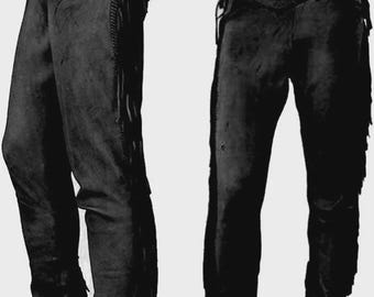 Men Black Western American Cowboy Suede Leather Pant With Leg Side Buttons & Fringes