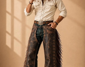 Men’s Distressed Brown Leather Chaps  Western Cowboy Fringe Riding & Ranch Gear