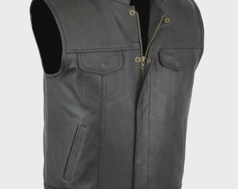 Man Western Style Real Leather Vest Son Anarchy - Motor Bike Waistcoat Black Color