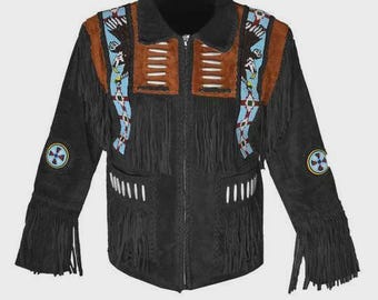 Chaqueta de cuero de gamuza estilo western para hombre con flecos y bordado de águila.