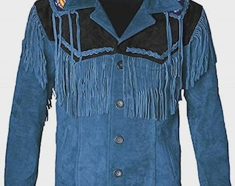 Chaqueta azul para hombre con flecos y cuentas, estilo nativo occidental, de cuero de ante, con parche negro