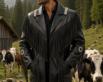 May include: A black leather jacket featuring long fringe detailing across the chest and sleeves, accented with white and black beaded geometric patterns on the shoulders and elbows, worn over a black collared shirt and dark trousers.
