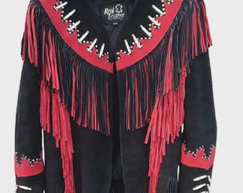 Chaqueta de mujer estilo western americano de ante con flecos y detalles de abalorios.