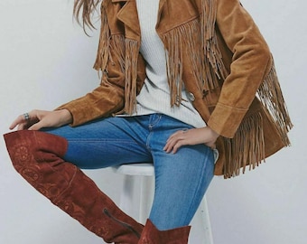 Chaqueta de cuero de gamuza estilo western americano para mujer con flecos.