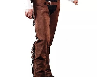 Men Rodeo Style Western Cowboy Suede Leather Pant With Fringes Brown Chap