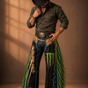 Pode incluir: Chaps de couro preto com franjas verde-brilhante, detalhes florais gravados e um logotipo de garra em verde neon. Os chaps são usados sobre calças jeans azuis, combinados com uma camisa escura, um cinto marrom e um chapéu de cowboy preto.