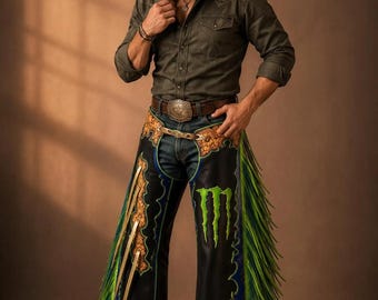 Men's Classic Western Leather Chaps: Hand-Tooled Rodeo Bull Riding Gear