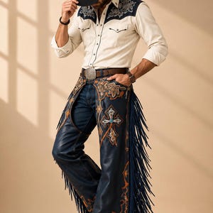 May include: A black cowboy hat, a cream-coloured button-down shirt with dark blue floral embroidery on the shoulders, and dark blue leather chaps featuring intricate orange floral stitching, cross motifs, and long side fringe over dark blue jeans.