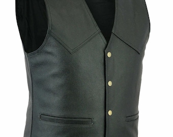 Chaleco de cuero auténtico liso estilo motero para hombre - Chaleco de motociclista vaquero