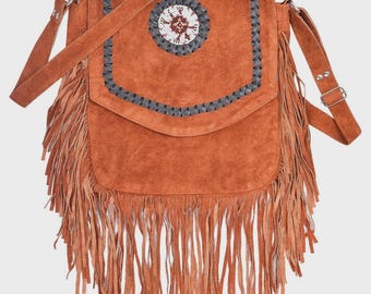 Women Western Style Crossbody Suede Leather Purse With Fringes & Beaded 90s Vintage Hand Bag