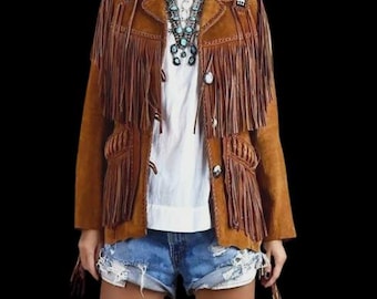 Chaqueta de piel de ante estilo western americano para mujer con flecos y cuentas